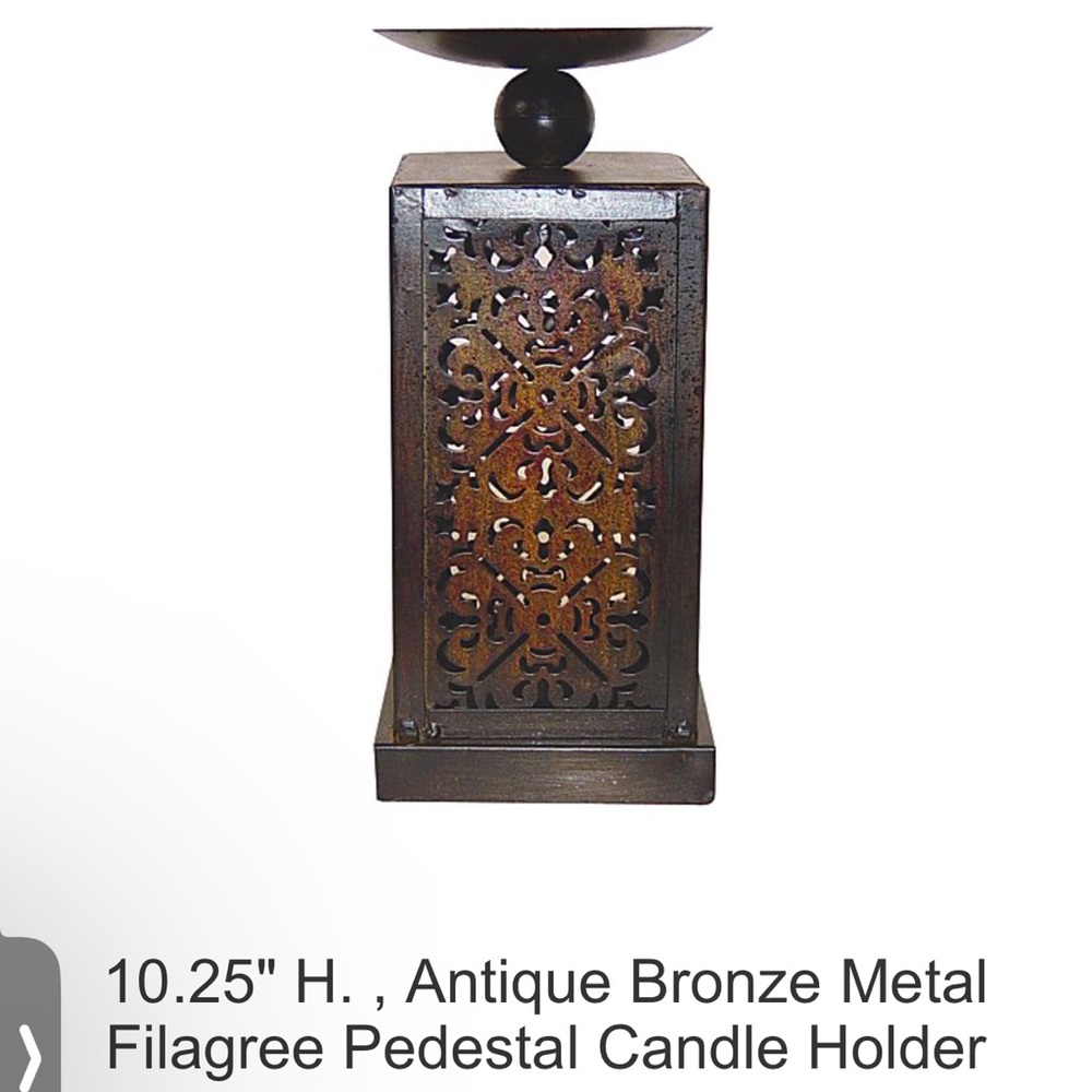 Antique Bronze Metal Filagree Pedestal Candle Holder set